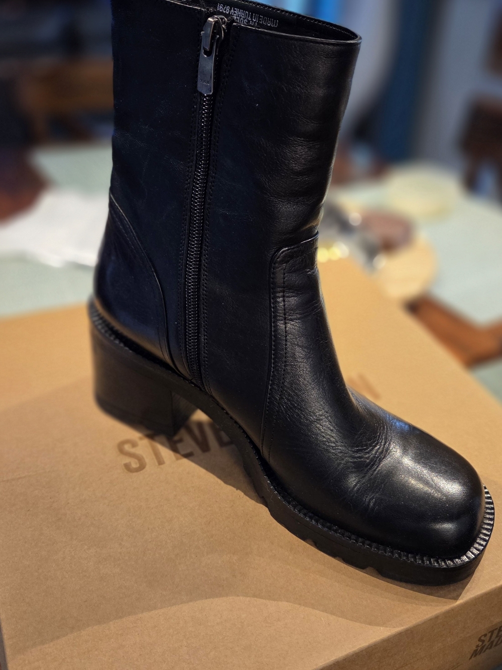 Steve Madden Black Leather Mid-Calf Zip Block-Heel Boot
